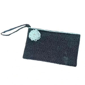 Beaded Black Clutch Wristlet with Beaded White Camellia